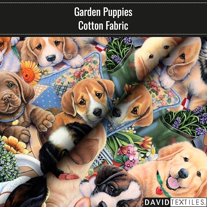 Garden Puppies Print 100% Cotton Fabric Material by The Yard for Sewing, by David Textiles, 44 Inches Wide