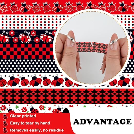 12 Rolls Insect Washi Tape, Seven Star Ladybug Masking Tape, Red Black Spots Decorative Tape for Journaling, Scrapbooking, DIY Crafts, Planner, Gift Wrapping, 16.4FT