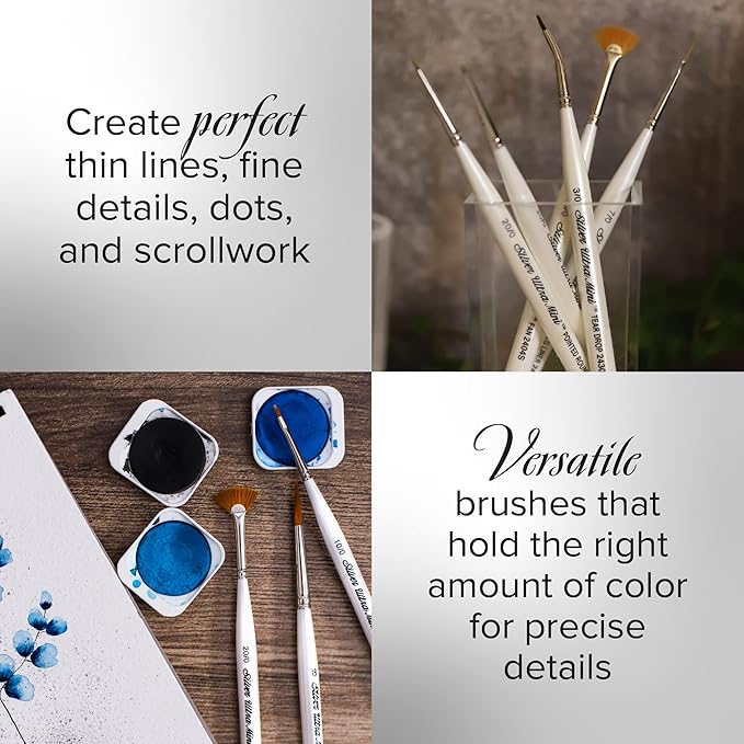 Silver Brush Limited UMS-2455S Ultra Mini Ultimate Round Set for Watercolor, Gouache, Inks, Dyes, Acrylic, & Heavy Body Paints, Set of 4 Round Brushes, Size 2, 4, 6, and 8, Short Handle