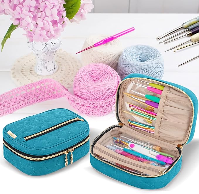 Yarwo Crochet Hook Case, Travel Organizer Bag for Crochet Hooks, Aluminum Crochet Hooks, and Crochet Supplies, Teal (Bag Only)