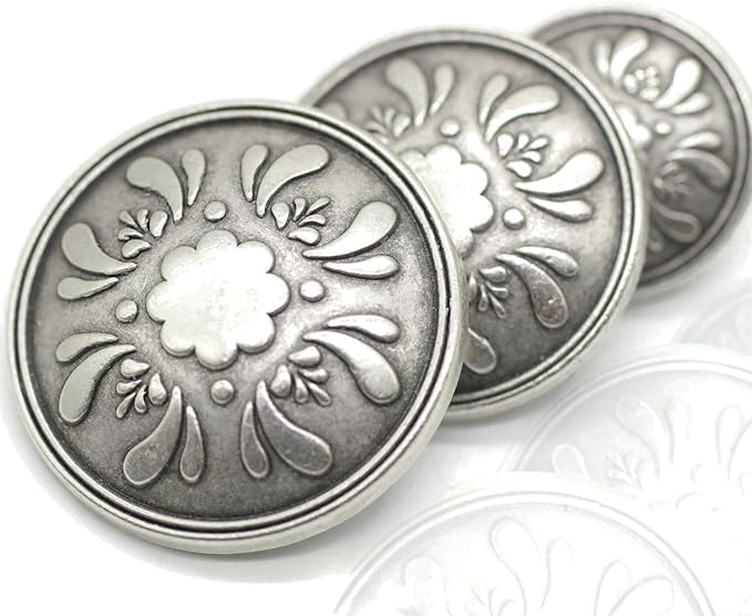 Antique Silver Metal Shank Buttons - 12 Pcs - 3 Size Options - Floral Round Metal Shank Buttons Vintage for Men Women Blazer Coat Uniform Shirt Suit and Jacket Sewing Craft DIY N11002