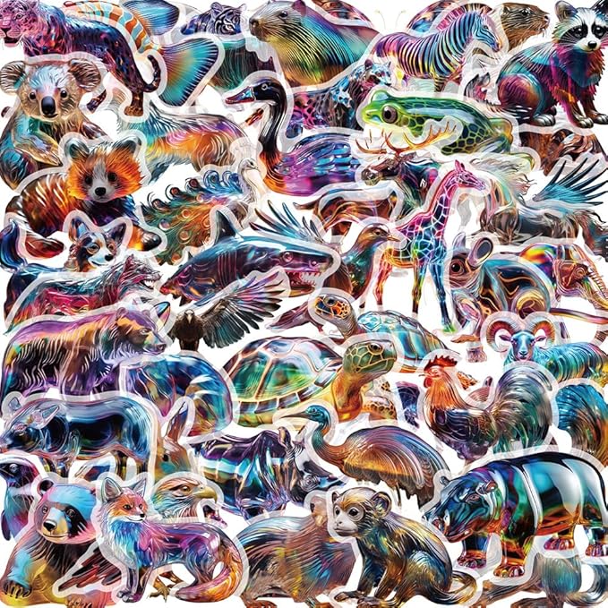 Yoksas Iridescent Wildlife Scrapbook Stickers - 50 Pieces Waterproof Clear Painted Animal Stickers for Scrapbooking,Journals,Planners