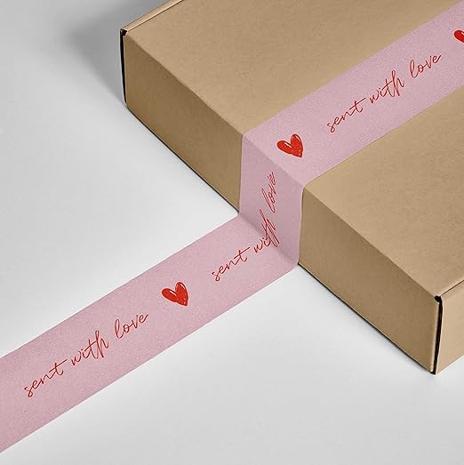 Cute Decorative Packing Tape - Sent with Love Handwritten Script Pink Red Heart, Fun Cute Designer Printed Packaging and Shipping Box Tape, 1.88" x 110 Yards (330 feet)