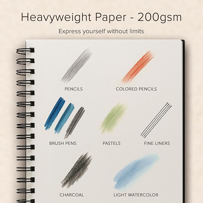 Artist’s Sketchbook Hardcover – 200GSM Very Thick Paper – Spiral Sketch Book for Drawing and Mixed Media – Sketch Pad, Art Book - 5.8 x 8.5, 40 Sheets / 80 Pages