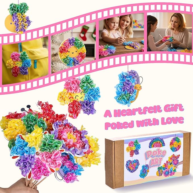 SOLDAY Poke Art Kits for Kids to Make Your Own Flowers Bouquet, Craft Kit with 6 Flowers, 8 Cute Hanging Charms, Mother Day Birthday Christmas Gift for Girls & Boys Ages 4-8