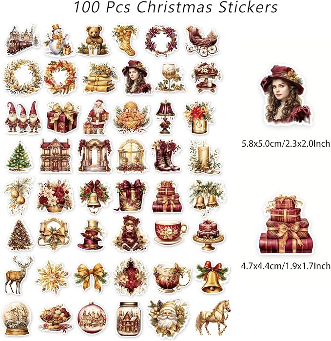 100 Pcs Vintage Christmas Stickers.Waterproof Santa Stickers for Scrapbook Junk Journal Collage DIY Crafts,Vinyl Winter Holiday Stickers for Water Bottles Laptops,Phone Case