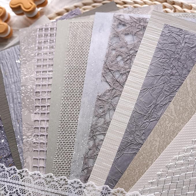 15Pcs Handmade Scrapbook Art Paper Craft Textured Paper Colorful A5 sheet Mesh Special Paper Mix for Scrapbooking Junk Journal Journaling Supplies DIY Materials,5.8x8.2 inches (Grey)