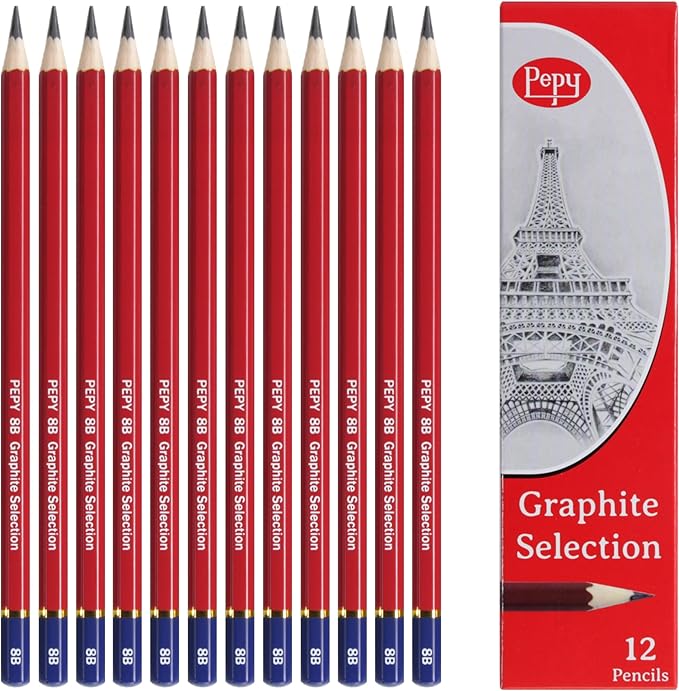 Pepy Graphite Professional Drawing Pencils - Set of 12 8B Pre-Sharpened Black Lead Pencils; Perfect for Drawing, Sketching and Shading, Graphic and Fine Art