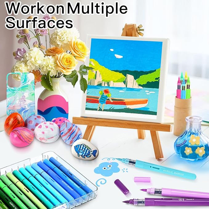 60 Colors Acrylic Paint Markers, Automatic Ink Control System with Soft Brush Tip Acrylic Paint Pens for Rock Painting, Canvas, Wood, Glass, Metal, Ceramic, Calligraphy, Card Making, DIY Crafts