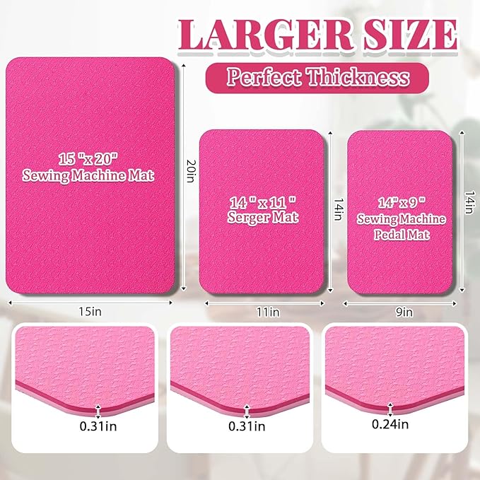 3 Pcs Sewing Machine Muffling Mat Pedal Mat Sewing Machine Pad No Slip Rubber Stay in Place Mats for Calms Vibration(Pink,15 x 20 Inch,14 x 9 Inch,14 x 11 Inch)