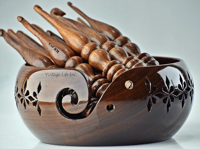 DnU Avenue Sheesham Wood Set of 13 Ergonomic Crochet Hooks 3.5 MM to 12 MM, Wooden Yarn Crochet Hooks for Arthritic Hands, Knitting & Crochet Storage, Soft Grip, Wood finish, Brown (Hooks with Bowl B)