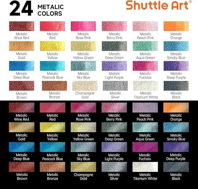 Metallic Watercolor Paints, Shuttle Art 24 Colors Glitter Watercolor Paint in Half Pans with Water Brush Pen Watercolor Pad &Mental Box, Art Supplies for WatercolorPainting, Illustrations, Calligraphy