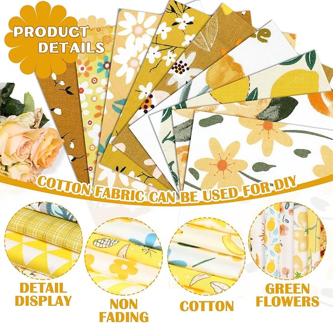 Ganeen 500 Pcs 5 x 5 Inches Cotton Fabric Squares Precut Quilting Fabric Bundles Solid Colors Quilt Material for DIY Craft Sewing Embroidery(Yellow Floral)