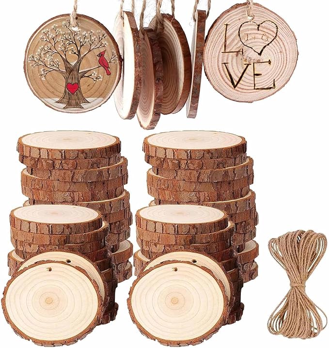 50pcs Wood Slices, BetterJonny 2-2.4 inch Undrilled Wooden Circles Predrilled with Hole Natural Wood Ornaments with 10 Meters Jute Rope for Arts DIY Craft