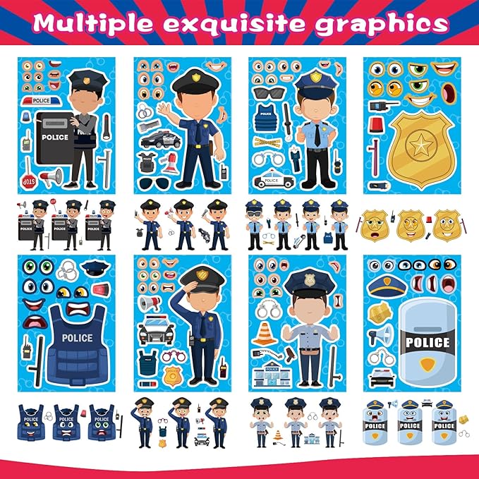 24 Sheets Make Your Own Policeman Stickers, Make-a-face Stickers, Educational Theme Gift for Kids, Birthday Party School Classroom Teacher Reward