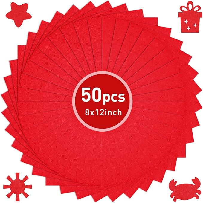 CHRORINE 50 Pcs Assorted Color Felt Fabric Sheets 8" x 12" Soft Felt Fabric Sheet for Crafts DIY Sewing Squares Nonwoven Patchwork (Red)