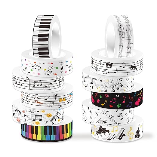 12Rolls Music Notes Washi Tape Black White Musical Note Printed Decorative Washi Tape for Birthday Party Music Themed Party Baby Shower for Scrapbook Journal Craft Supplies