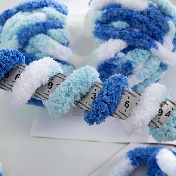HOMBYS 8 Pack Giant Chunky Yarn for Crocheting and Knitting, Super Bulky Large Soft Fluffy Tie Dye Plush Fuzzy Mixed Color Thick Chenille Yarn (Blue, Sky Blue, White)