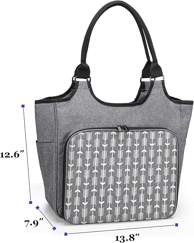 YARWO Knitting Tote Bag, Yarn Storage Organizer for Yarn Skeins, Knitting Needles, Crochet Hooks and Knitting Projects, Christmas & New Beginnings Gifts for Women, Gray with Arrow (Patent Pending)