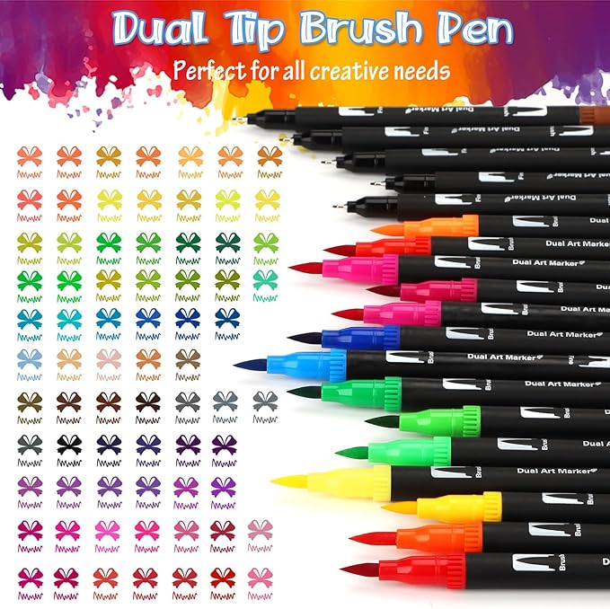Coloring Pens,72 Dual Tip Brush Markers with Fineliner & Brush Felt Tip Pens Set, Art Watercolour Marker with Case for Adults Kids Colouring Calligraphy Drawing Sketching