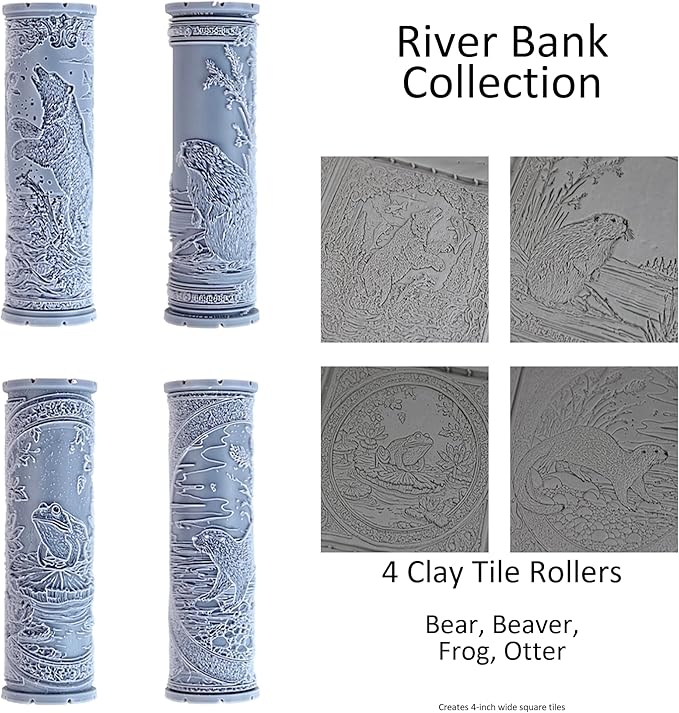 River Bank Collection 4-Pack Clay Texture Rollers (4") - Freshwater Set #01 - Embossing Pattern Rollers for Polymer & Ceramic Clay, Pottery & Crafts
