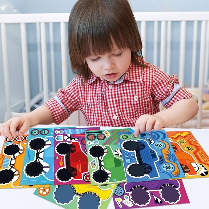 24PCS Monster Truck Stickers, Make Your Own Stickers, Monster Truck Themed Birthday Party Favor, Cartoon Car Make-a-face Sticker Teacher Classroom Rewards Activities for Girls Boys
