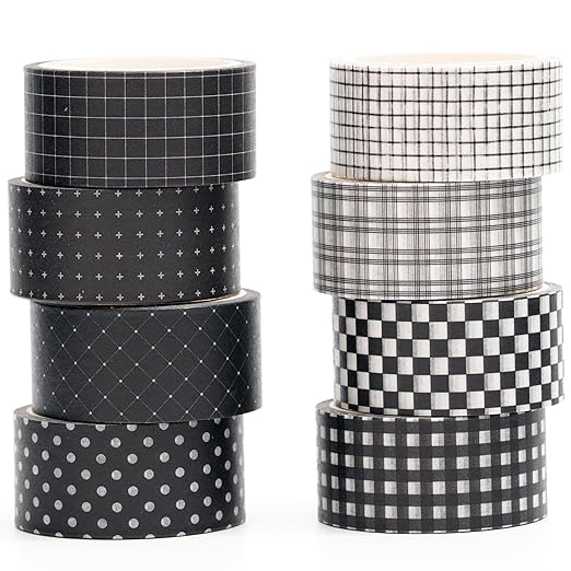 YUBX Black Grid Washi Tape Set 8 Rolls Plaid Decorative Masking Tapes for Arts, DIY Crafts, Journals, Planners, Scrapbook, Wrapping