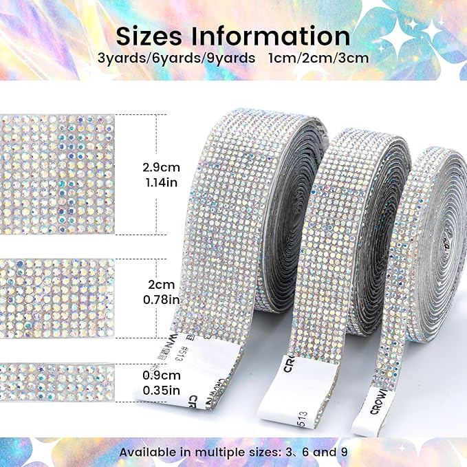 Novani Self Adhesive Rhinestone Ribbon, 1.14 Inch Wide 3 Yards 1 Roll, AB Crystal Diamond Bling Strips for DIY Crafts, Home Decor, Glitter Glass Rhinestones for Crafting, Car Decoration