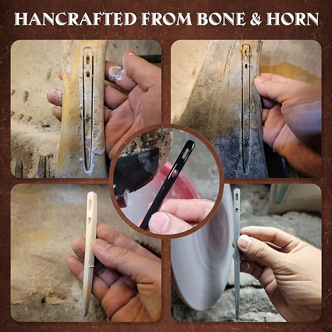 Savina Set 2 Nalbinding Needle Bone & Horn with Large Two-Eyed. Handmade Binding Tool, Multipurpose Weaving/Knitting/Stitching Needles for Craft Work