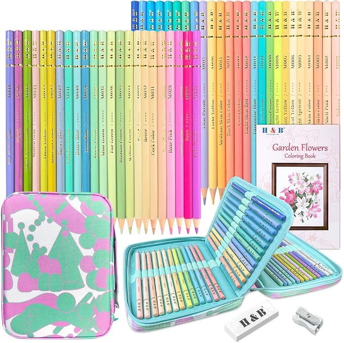 LBW Macaron Pastel Colored Pencils with Coloring Book, Eraser, Sharpener, Set of 50 Soft Core Artists Professional Color Pencils for Adults Kids Beginners