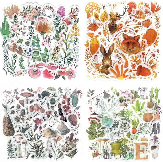 Yoksas 320 Pcs Watercolor Washi Stickers - Forest, Flower, Plant Aesthetic Stickers for Scrapbooking, Bullet Journal, Planners, Calendars