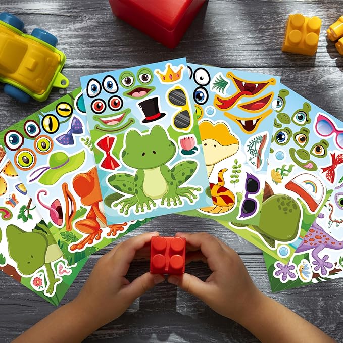 24 PCS Make-a-face Sticker for Kids, Make Your Own Reptile Animal Mix and Match Sticker with Snakes, Lizards, Frogs, Turtles, Kids Party Favor Supplies Craft