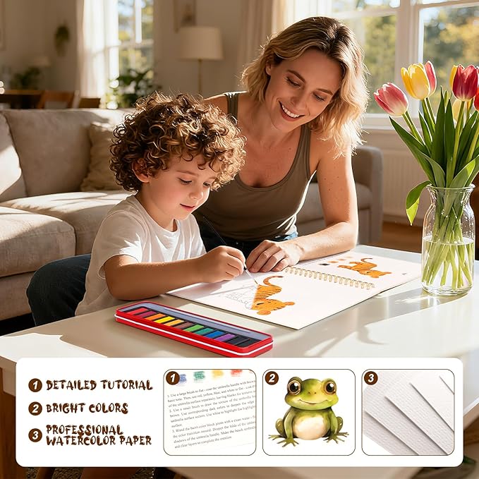 Kivzex Watercolor Workbook for Adults, Beginner Friendly Watercolor Painting Kit Animals Water Coloring Book, Nature-Themed Practice Art Gift Water Color Paint Book with Palette and Brush