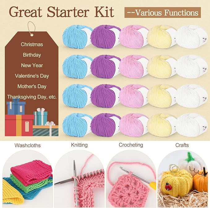 Katech 20 Skeins Cotton Yarn for Crocheting-55% Cotton 45% Acrylic-4 Medium (Worsted)-Super Soft Milk Cotton Yarn-Great Crochet and Knitting Starter Kit for Colorful Craft（Color B）