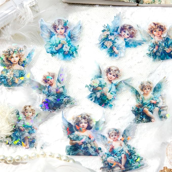 60-Piece Vintage Holographic Cherub Angel Fairy Scrapbook Stickers – Waterproof Transparent Decorative Sticker Pack for Journals, Planners, DIY Crafts, Gifts & Albums, Scrapbooking & Cardmaking