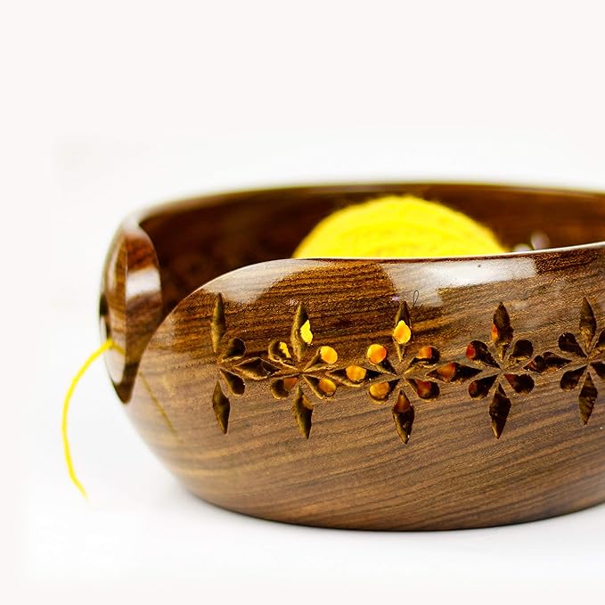 Nagina International Rosewood Crafted Wooden Yarn Storage Bowl With Carved Holes & Drills | Knitting Crochet Accessories (Small)