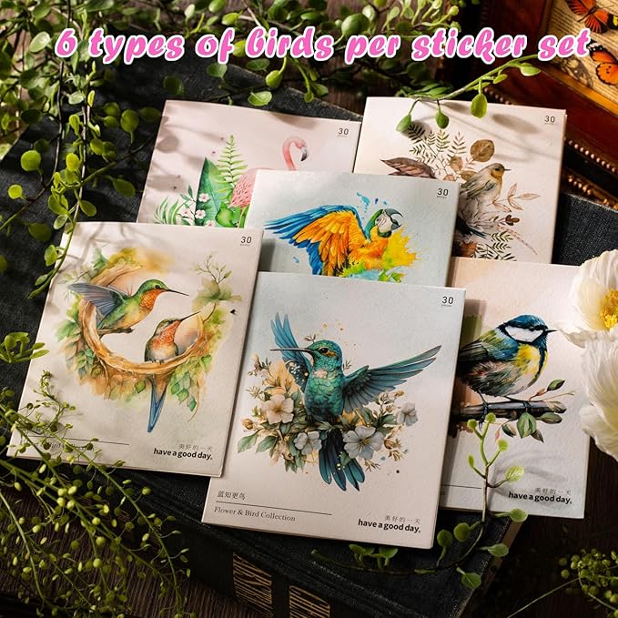 180 Pcs Transparent Flower Bird Stickers – Watercolor Floral Scrapbooking Supplies with Hummingbirds, Flamingos, Parrots – Clear Nature Stickers for Journals & Resin Art Crafts