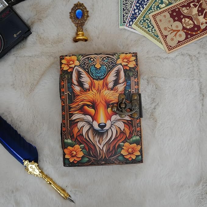Book of Shadows Fox Print Grimoire Journal Witchcraft Supplies Witch Spell for Men & Women 200 Pages with Lock Clasp Vintage Handmade Deckle Edge Paper, Leather Sketchbook, Gifts