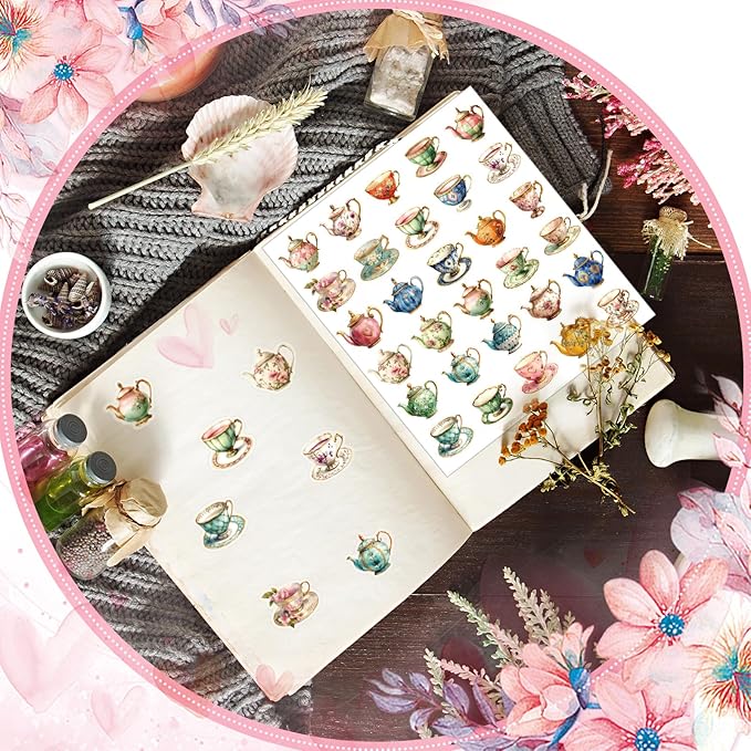 300 Pcs Vintage Tea Cups Stickers Rustic Mini Tea Time Stickers Party Favors Aesthetic Waterproof Vinyl Decals Pack for Water Bottles Scrapbooking Laptop Luggage Phone Skateboard