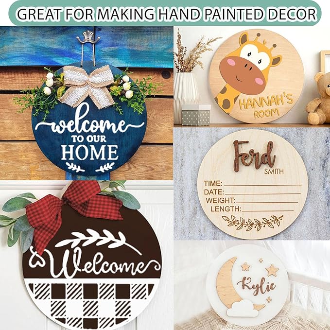 12 Inch Wood Circles for Crafts, 10Pcs Unfinished Wood Rounds with 4 Stencils & 12 Painting, DIY Wooden Crafts for Door Hanger, Sign, Wood Burning, Painting, Christmas Thanksgiving Day Decor