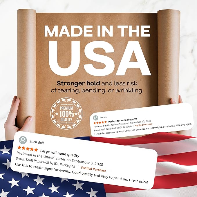 Brown Kraft Paper Roll 48" x 2160" (180 feet), Pack of 6 - USA-Made Brown Wrapping Paper 30lb Thickness for Packing, Moving, Shipping, Crafts/Arts - 100% Recycled Natural Material by IDL Packaging