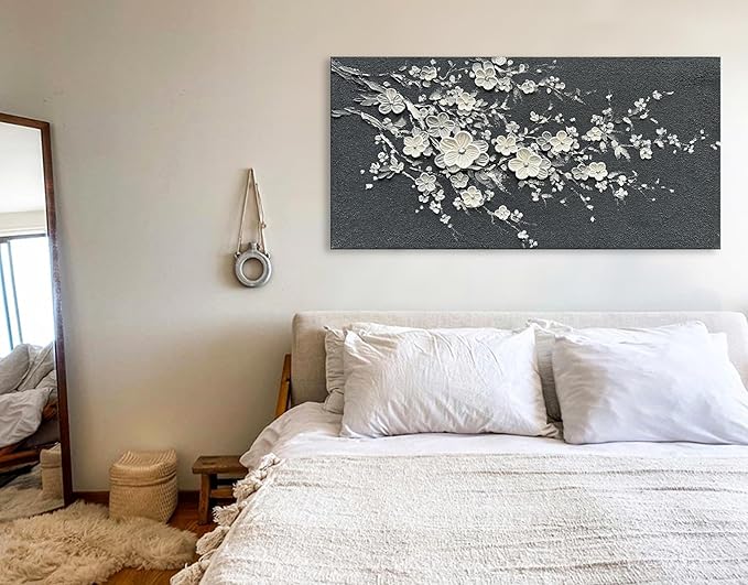 Art Hand-Painted White Flower Tree Art Oil Painting Modern Abstract Home Wall Decoration Art 24x48 inches