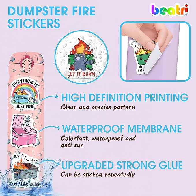 BEATRI Dumpster fire Stickers 50Pcs Vinyl Waterproof Decals for Water Bottles, Journaling,Laptop, Skateboard, Computer, Phone & Travel Gear | Non-Repeating Decals, High-Definition Print
