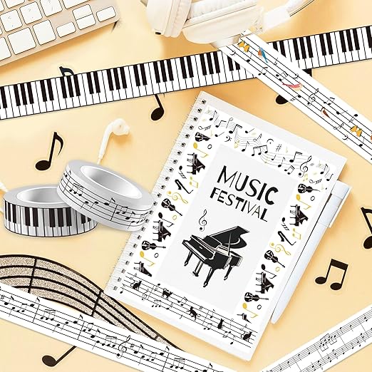 12 Pcs Music Notes Washi Tapes Set Black White Guitar Piano Keys Vintage Masking Tape Music Themed Decorative Tape Musical Note Printed Decorative for DIY, Planner, Scrapbooking, and Party Decor