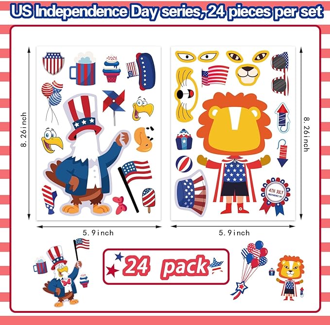 24 Sheets 4th of July Sticker, Make-a-face Sticker for Kids, Independence Day Make Your Own Stickers, Fourth of July American Birthday Patriotic Crafts Stickers, Veterans, Memorial Day