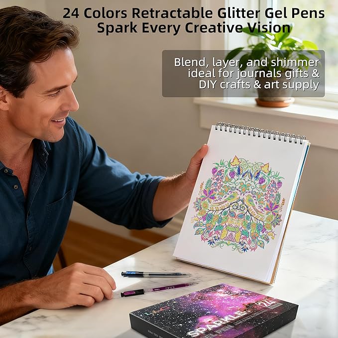 24 Colors Retractable Glitter Gel Pens, Large Capacity Metallic Sparkle Gel Ink Pens &1.0 mm Fine Tip, Colored Glitter Pens for Adult Coloring Book Drawing Note Taking Writing Doodling