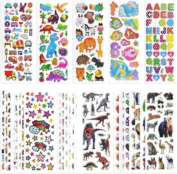 696 PCS 3D Puffy Stickers for Kids – 28 Sheets of Reusable Foam Designs with Animals, Dinosaurs, Sports, Vehicles & More, Waterproof Decorations for Toddler Crafts, Scrapbooks & Classroom Rewards