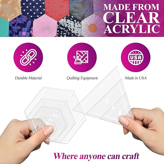 Quilting Acrylic Template Set | Precision Tools for Quilting Enthusiasts | Hexagon & Triangle Design | Includes Sizes 4", 3", 2", 1" | 1/8 Clear Acrylic | 1/4" Seam Allowance for Accuracy