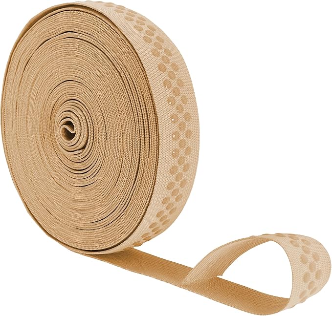 Mandala Crafts 1 Inch Elastic Silicone Gripper Tape for Clothing - 10 Yds Dotted Non Slip Elastic Band for Sewing - Tan Silicone Flat Fabric Stretchy Ribbon Straps