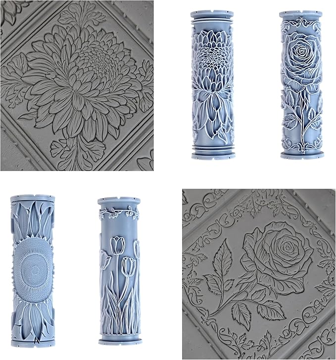 Garden Flower Collection Clay Texture Rollers 4-Pack (4") - Flower Set #01 - Embossing Pattern Rollers for Polymer & Ceramic Clay, Pottery & Crafts